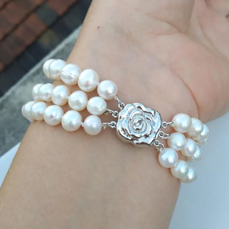 3 Rows Triple Strand South Sea White REAL Pearl Bracelet 7.5-8