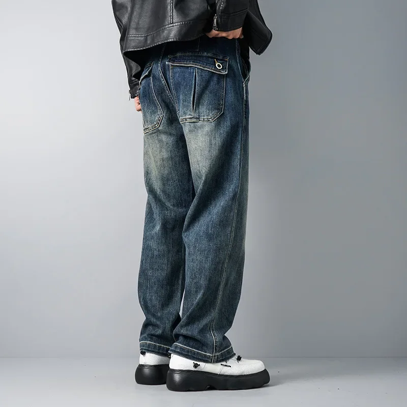 

Pop Men's New Fashion Washed Retro Blue Jeans Pants American Loose Wide Leg Pocket Denim Trousers Male Streetwear Pants