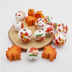 30PCS Wooden Autumn Series Beads Mix Maple Leaf Mushroom Pattern Natural Wood Spacer Bead Bracelet Making Thanksgiving Day Decor