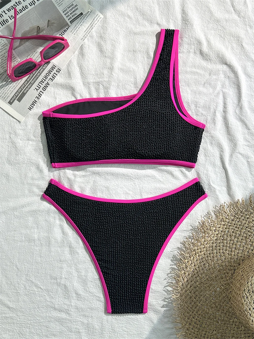 Sexy One-shoulder Push Up Bikini High Waist Ribbed Patchwork Black Y2k Swimsuit Women 2Piece Pink Swimwear Vacation Beach Outfit