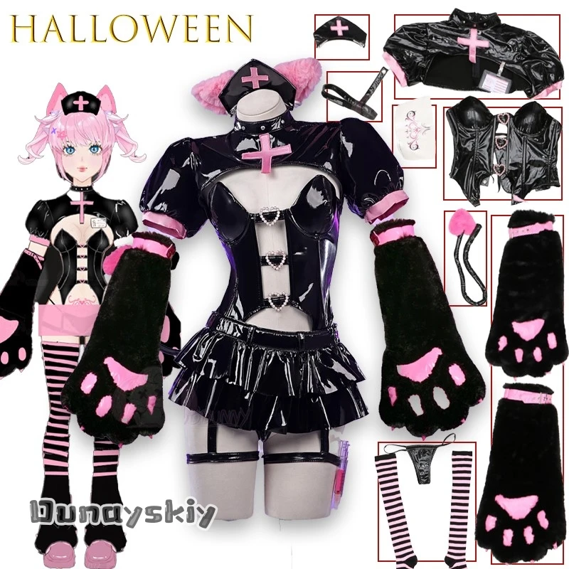 

BDemon Cat Медсестра Симпатичные Paw Girl Косплей Полиуретановая Кожа Y2K Эстетические Аниме Пушистые Лапы Бедра Носки Хэллоуин {NinoNiko Cos}