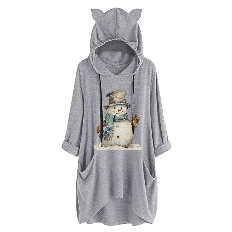 Autumn and winter warm season new cotton women's snowman top hat print fashion cute retro hooded cat ear hoodie