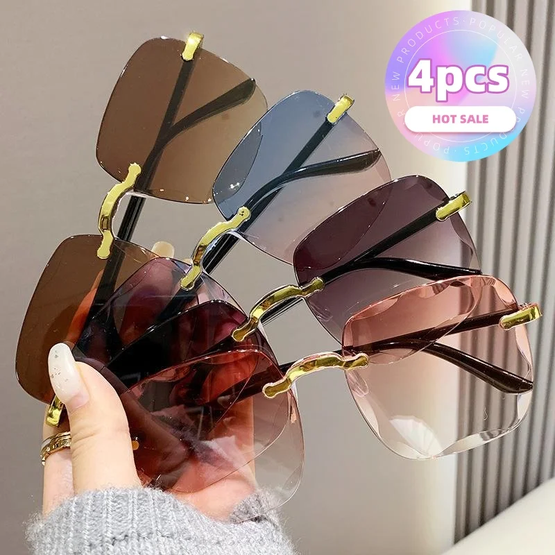

4PCS Square Sunglasses Woman Fashion Rimless Gradient Sun Glasses Ladies Frameless Gradient Mirror Shades Eyeglasses