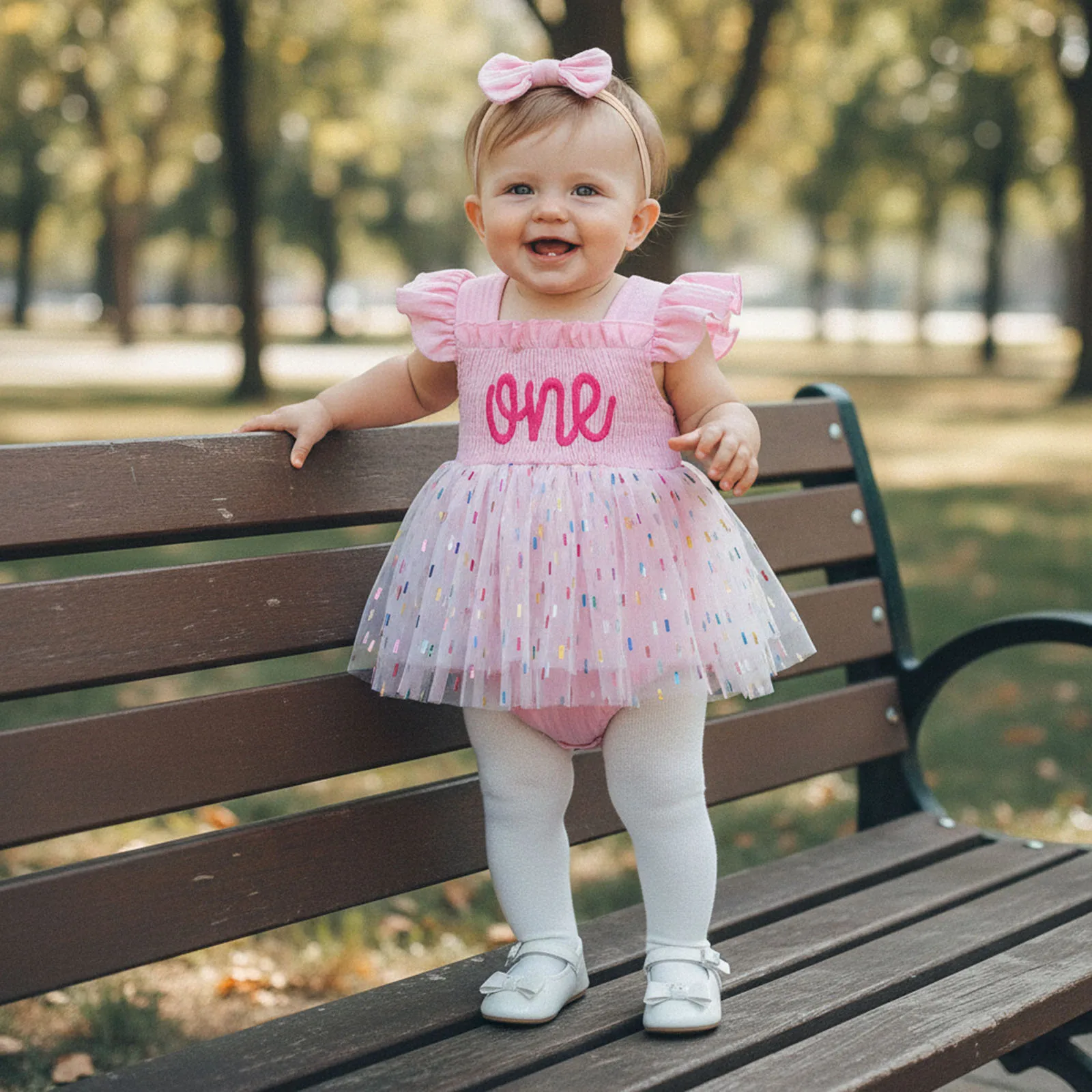 

Baby Girl Birthday Romper Dress Flying Sleeve Square Neck Letters Embroidery Tulle Bodysuit Dress and Bow Headband 2Pcs Set