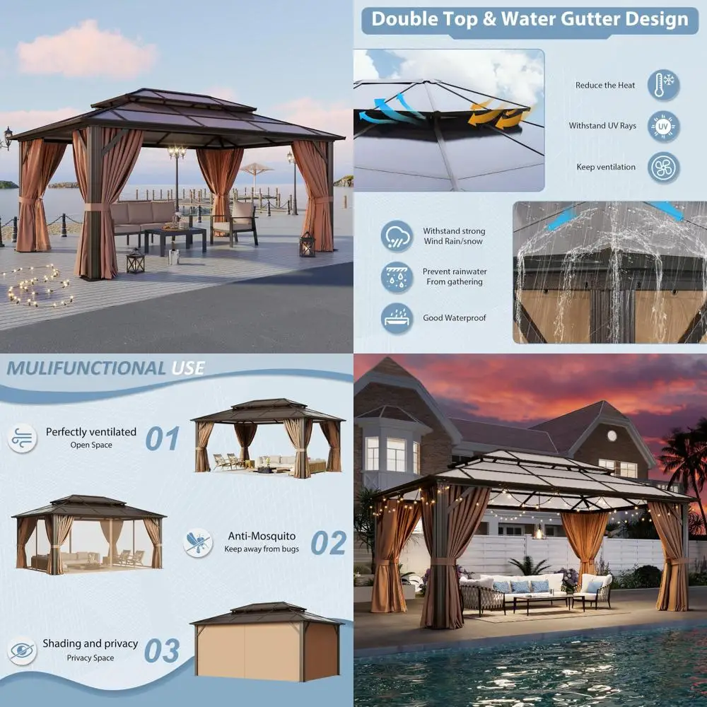 

Aluminum Framed Permanent Pavilion with Double Roof Canopy, 12x16 Hardtop Gazebo featuring Curtains and Netting for Outdoor Use