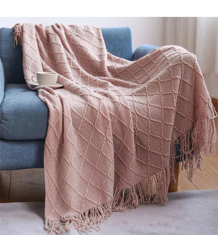 

Rhombic Spring And Autumn Solid Color Knitted Tassels Blanket Office Bed Tail Towel Nap