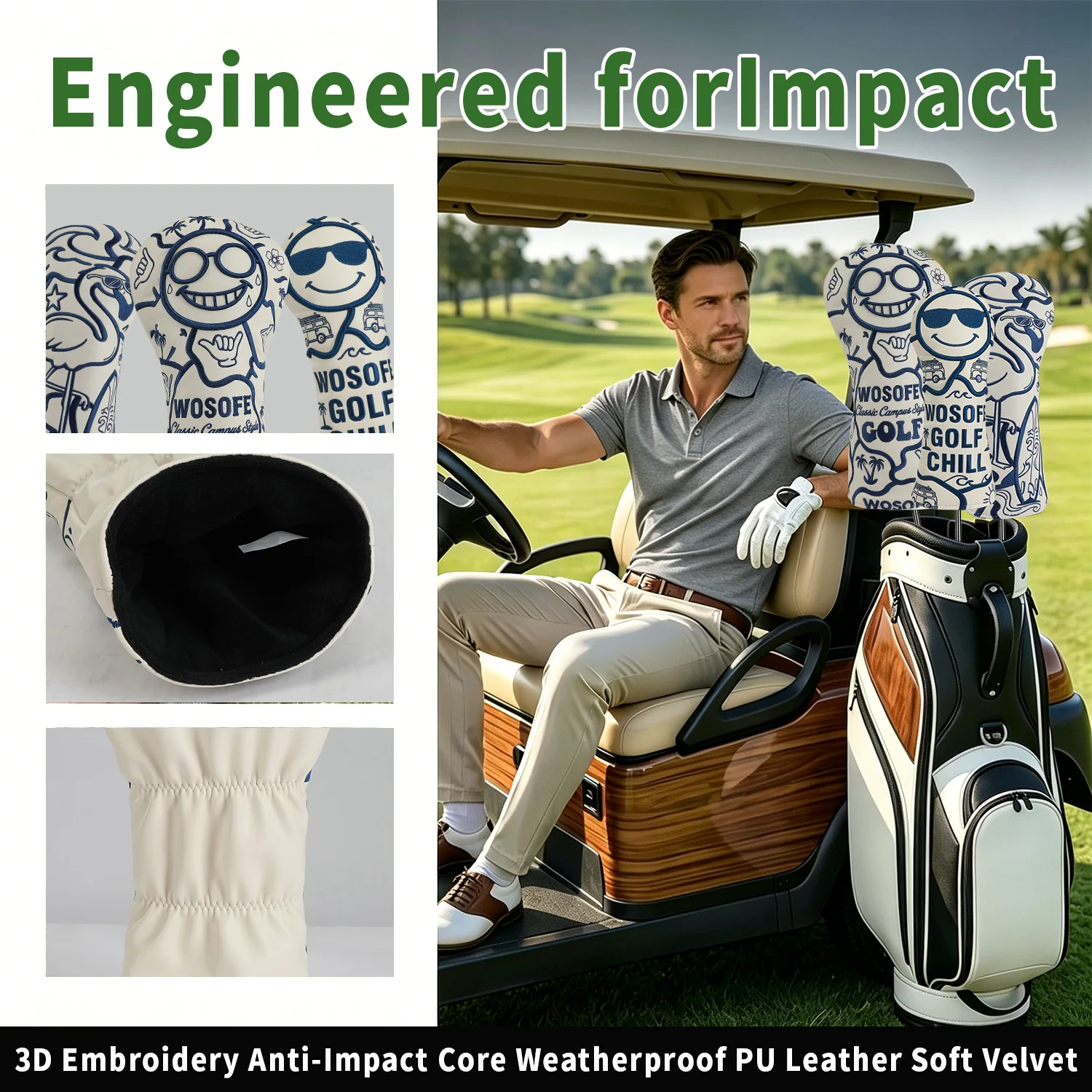 3Dの漫画刺繍が施されたPUレザー製のゴルフクラブヘッドカバ - Golf Driver のレビューと価格