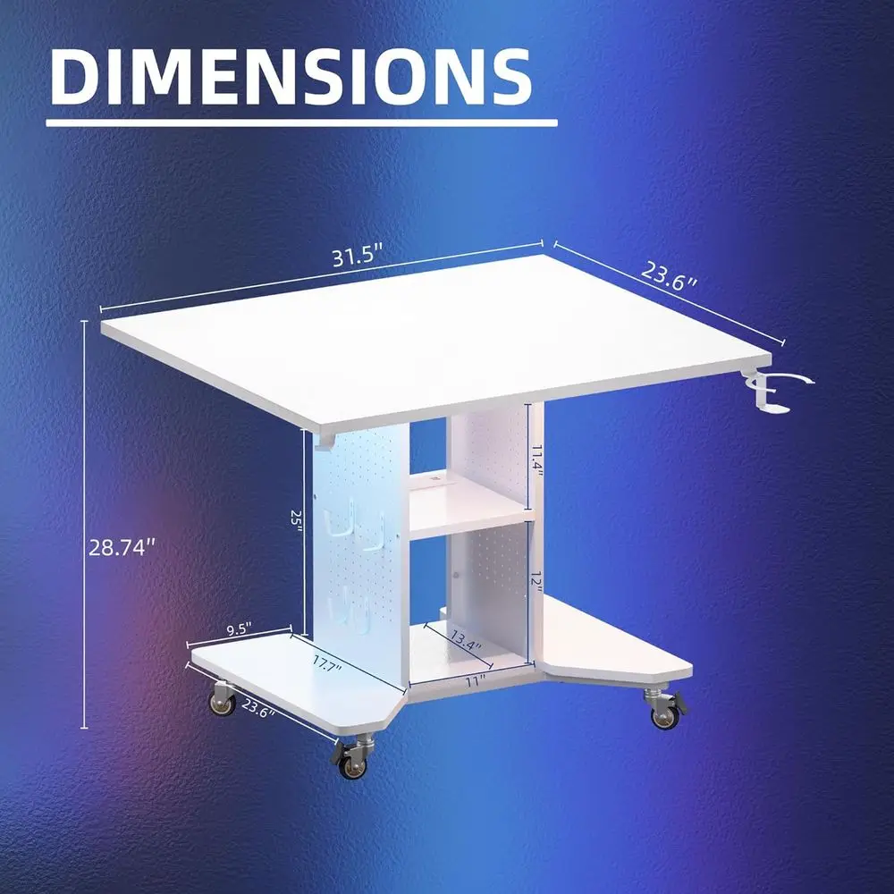 전원 콘센트, 수납 공간 및 페그보드가 있는 소형 공간용 컴팩트 LED 조명 게이밍 책상(화이트)