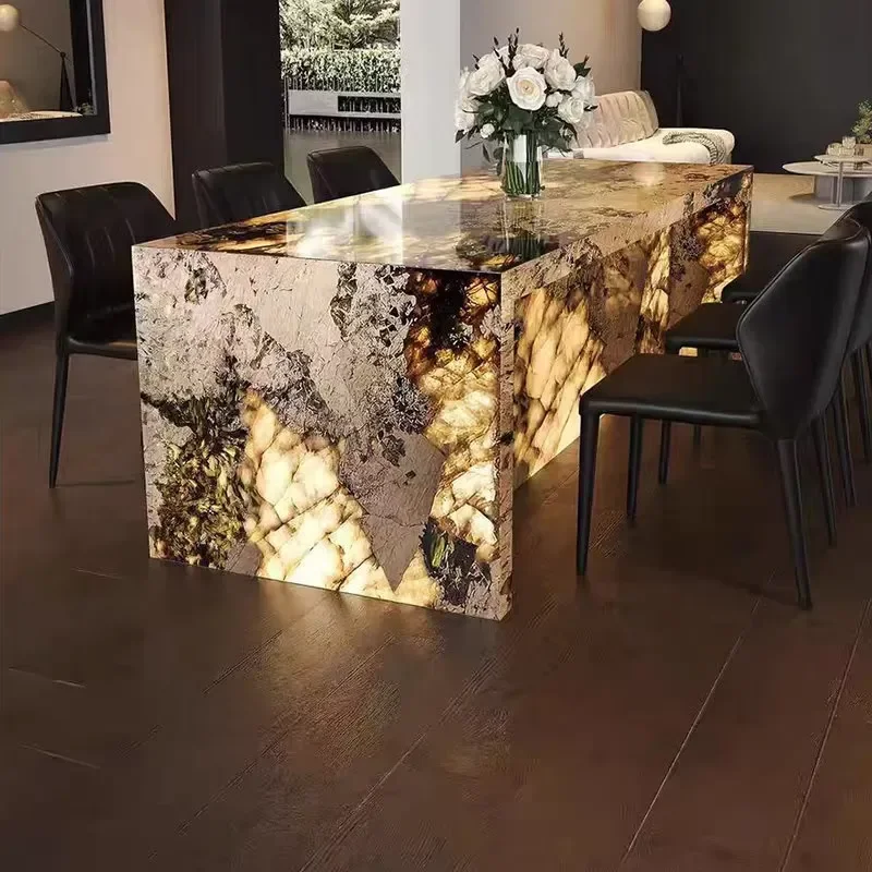 Rectangular Stone Luminous Island Dining Table with Integrated Water Bar Counter Customizable Dining Room Furniture