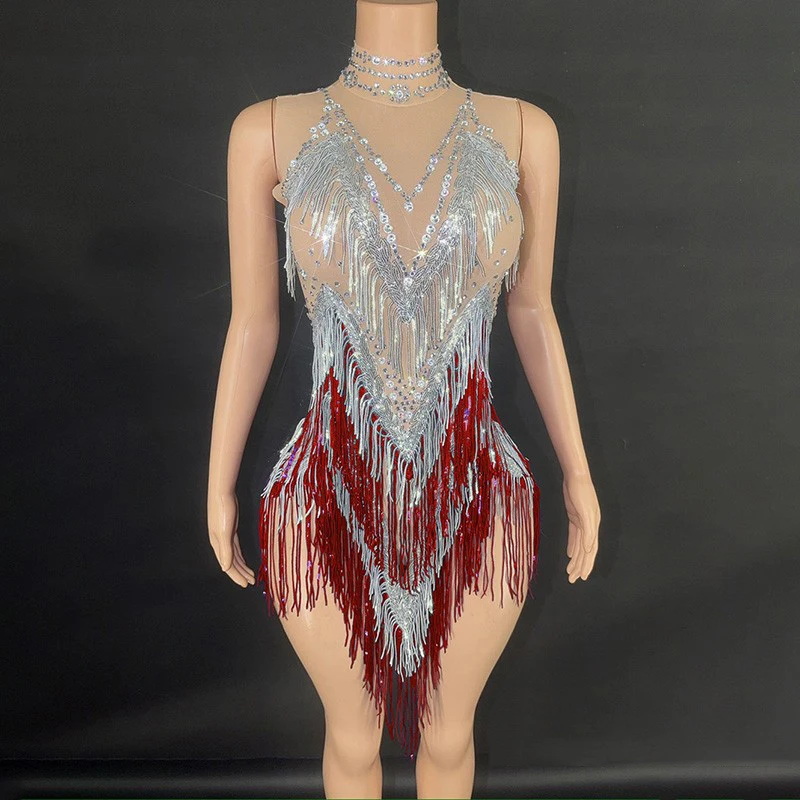 Many Colors Sequins Full Fringed Bodysuit Sexy Gogo Dancer Costume Women Pole Dance Dress Bar Dj Ds Stage Drag Queen Outfit 9170