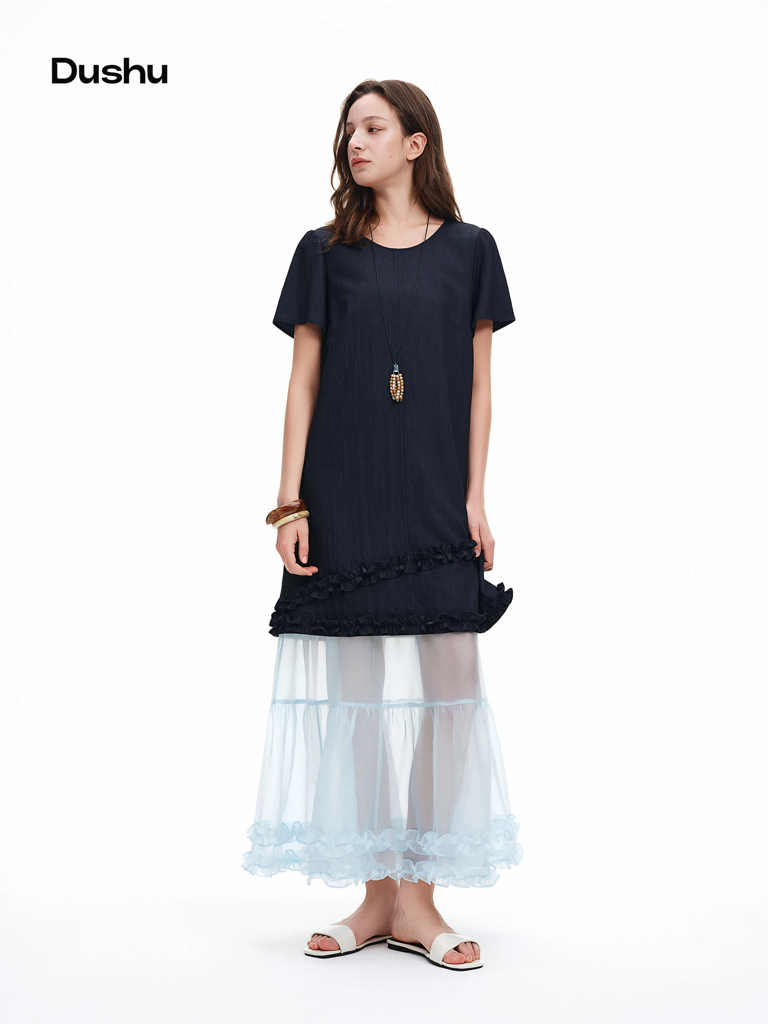 

DUSHU Short Sleeve Faux Denim Korean Style Dress Summer 2026 New Style Sleeveless Vacation Maxi Mesh Patchwork Fairy Leisure