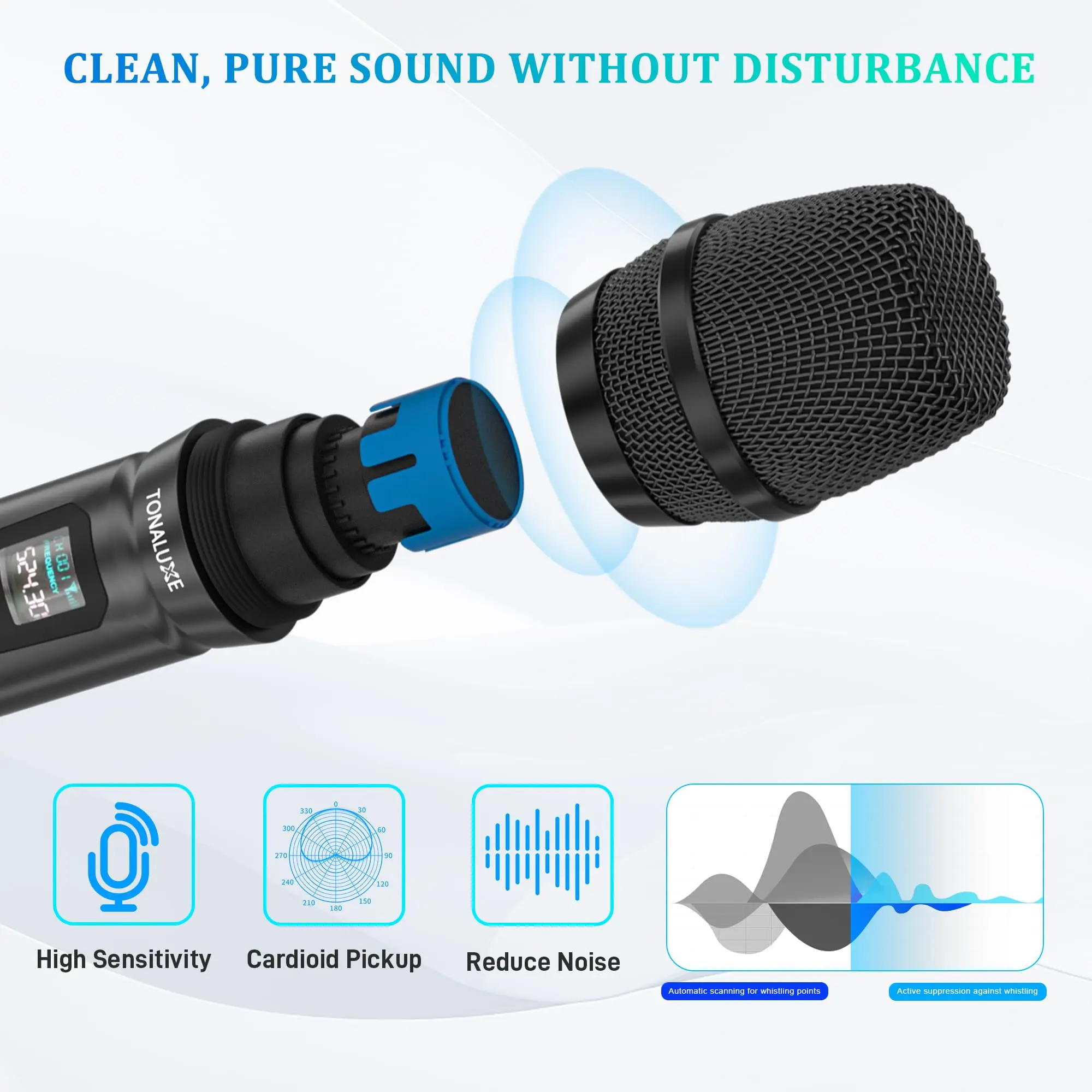 FULODE R12 4CH UHF Wireless Mic Sys RX, 4 Handheld Mics, Vol Ctrl, 262ft, Home/Church/Event