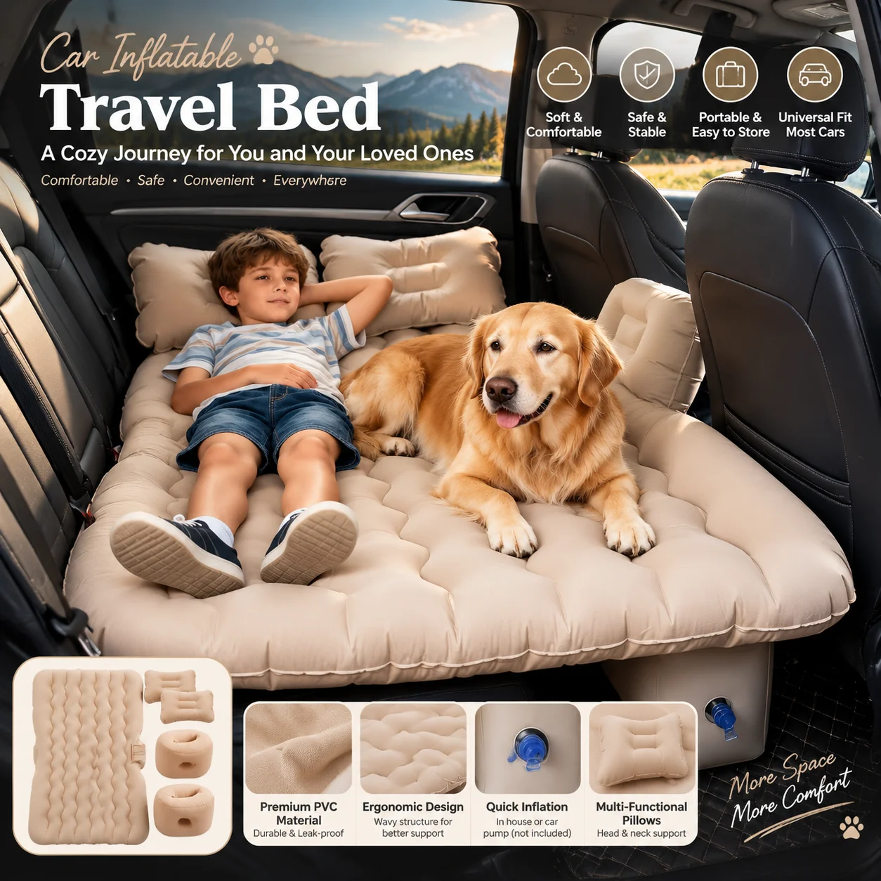 Beige Car Inflatable Mattress Set (with 2 Pillows) – Backseat Sleeping Pad for Cars, Portable SUV Camping Travel Mattress, Thickened Non-slip Car Rest Mat
