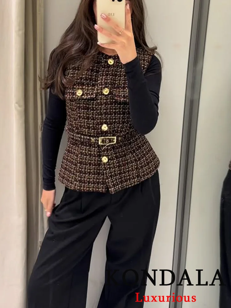 

KONDALA Vintage Casual Chic Women Vest O-Neck Single Breasted Sleeveless Sashes Tops Fashion 2025 Holiday Female Elegant Vest