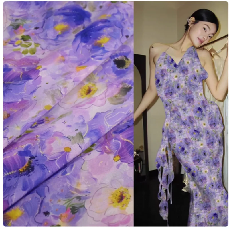 

Purple Flower Print Chiffon Fabric, Dress, Shirt, Children Cloth Sewing Tissue, Not Transparent, T2361
