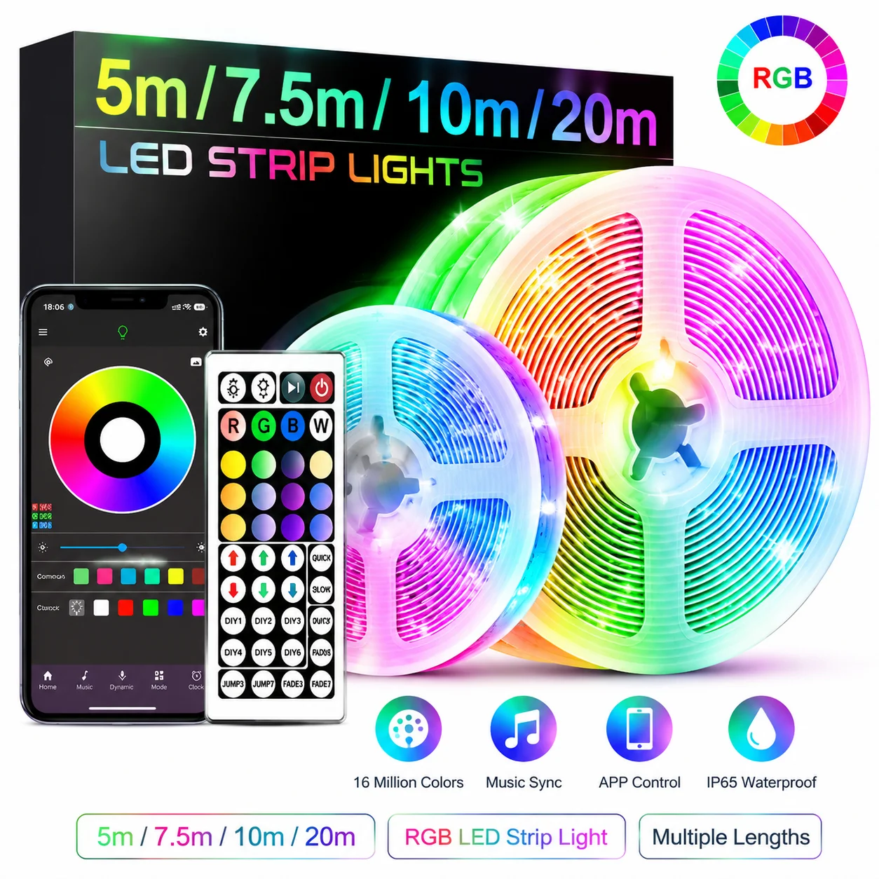 USB 5050 RGB LED Strip Bluetooth & Remote Control, 44 Modes Music Sync Millions Gradient Colors Dimmable Bedroom Festival Decor