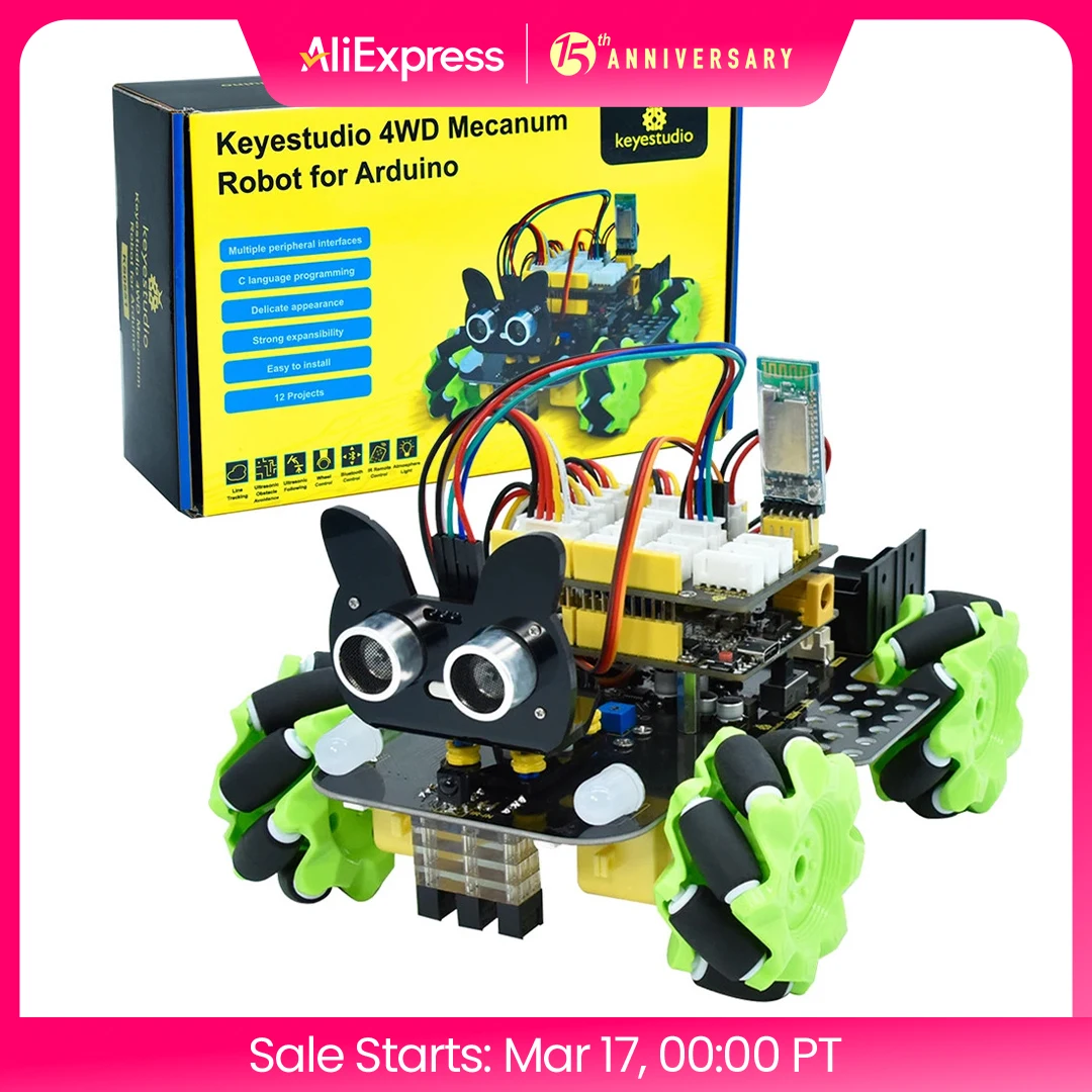 Keyestudio Mecanum 4WD  Robot Car for Arduino Robot Car Kit Smart DIY Project for Adults STEM Programming Set Easy Assembly