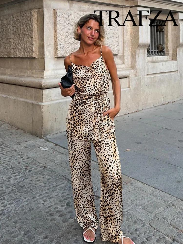 TRAFZA Women Chic Leopard Print Elegant Crop Asymmetrical Belt Decorate Tops+Casual Drawstring Slim Wide Leg Pants Pant Suit