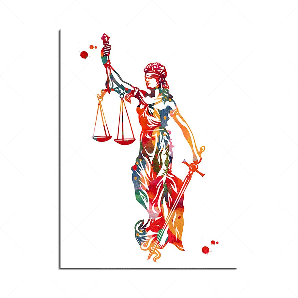 موازين العدالة مطرقة العدالة رموز العدالة الفن القانوني ثيميس آلهة العدالة اليونانية موازين السيف ملصق ألوان مائية