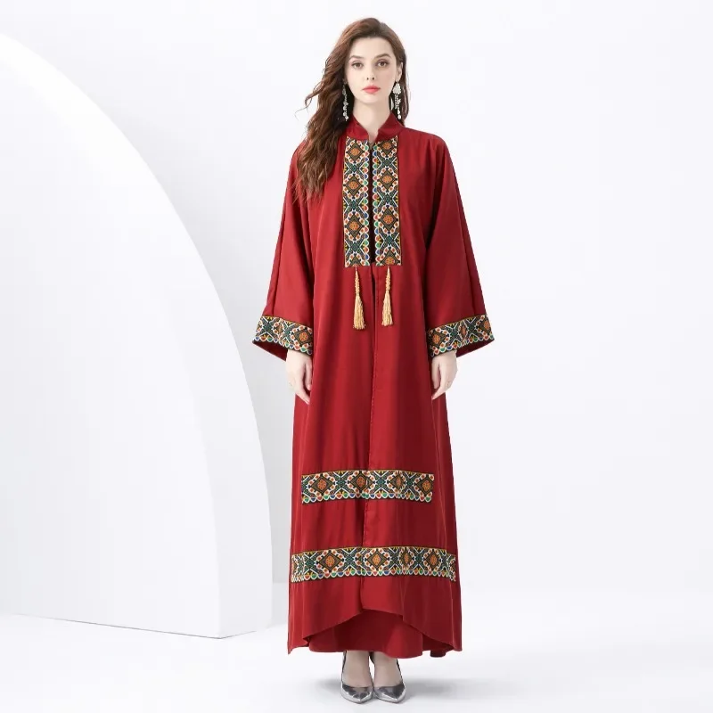 Red Skirt Resort Court Embroidery Fringe Trumpet Sleeve Vintage Long Gown Smock Dress Two-piece Set