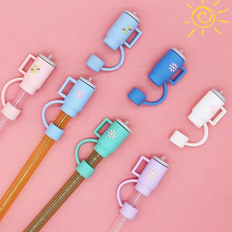 Capa de palha criativa de 10cm para copos-mini tampa de silicone em formato de copo, plugue de palha com design de flor para garrafas de água, vedação antipoeira