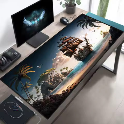Pirate Ship Gaming Table Big Fantasy Mousepad，Gamer Desk Setup Room Essential Pirate Ship Decor，Pirate Lovers Gift Large DeskMat