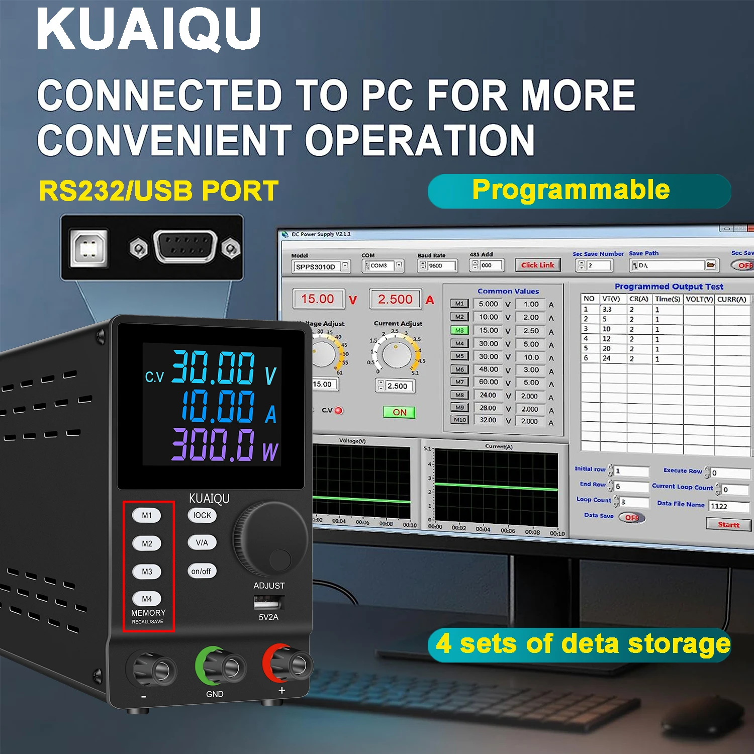 Kuaiqu Programmable DC Power Supply USB RS232 Port Lab Bench Power Source Stabilized Power Supply Voltage Regulator Switching