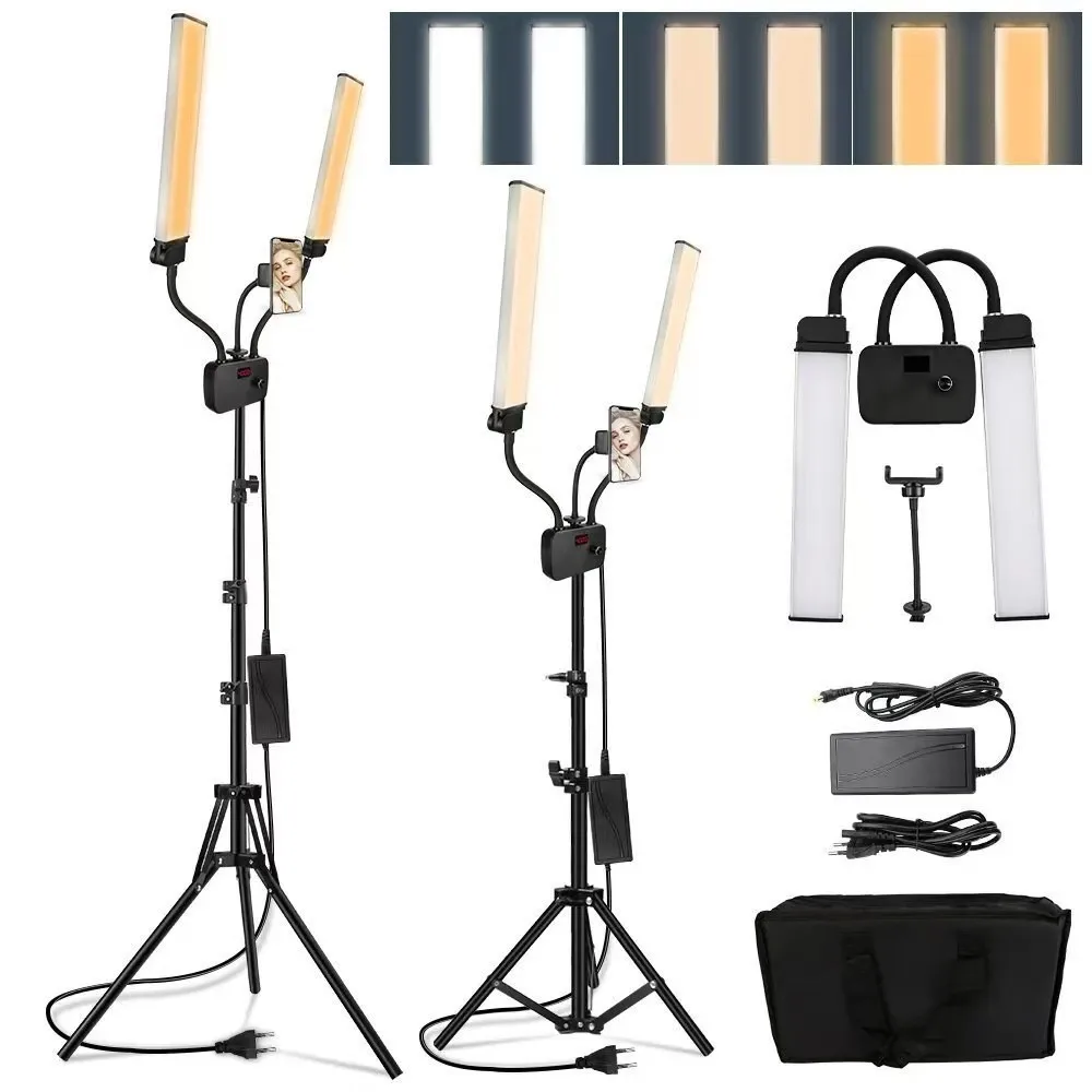 Doppelarm‑LED‑Videoleuchte stufenlos dimmbar 3 Farbtemperaturen, Handyhalterung, Fernbedienung, 1,6m zusammenklappbares Stativ für Portrait‑Fotografie Livestream Makeup