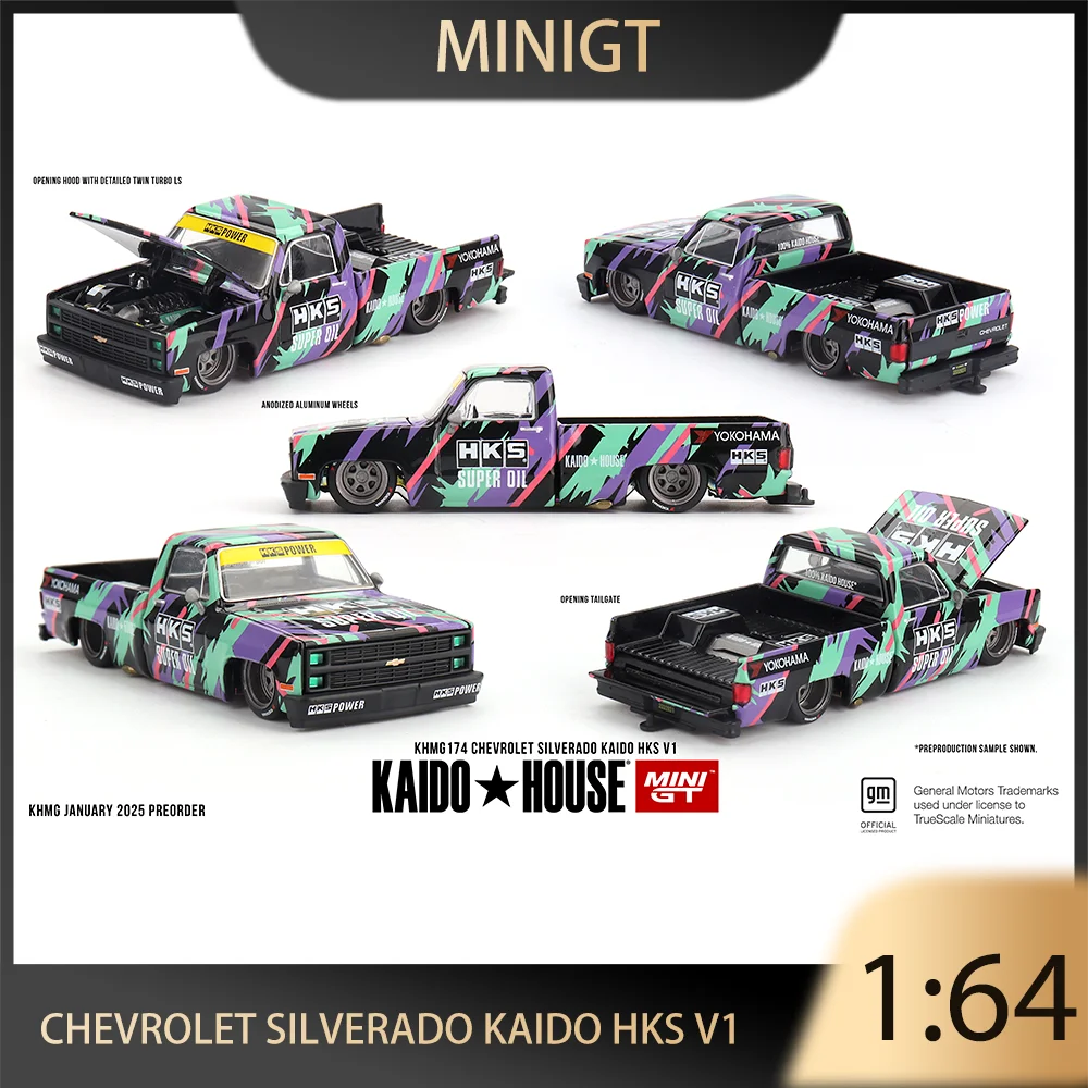 

MINIGT 1:64 Chevrolet Silverado KAIDO HKS V1 из сплава премиум-класса, литая под давлением модель автомобиля, игрушки, коллекционная деталь