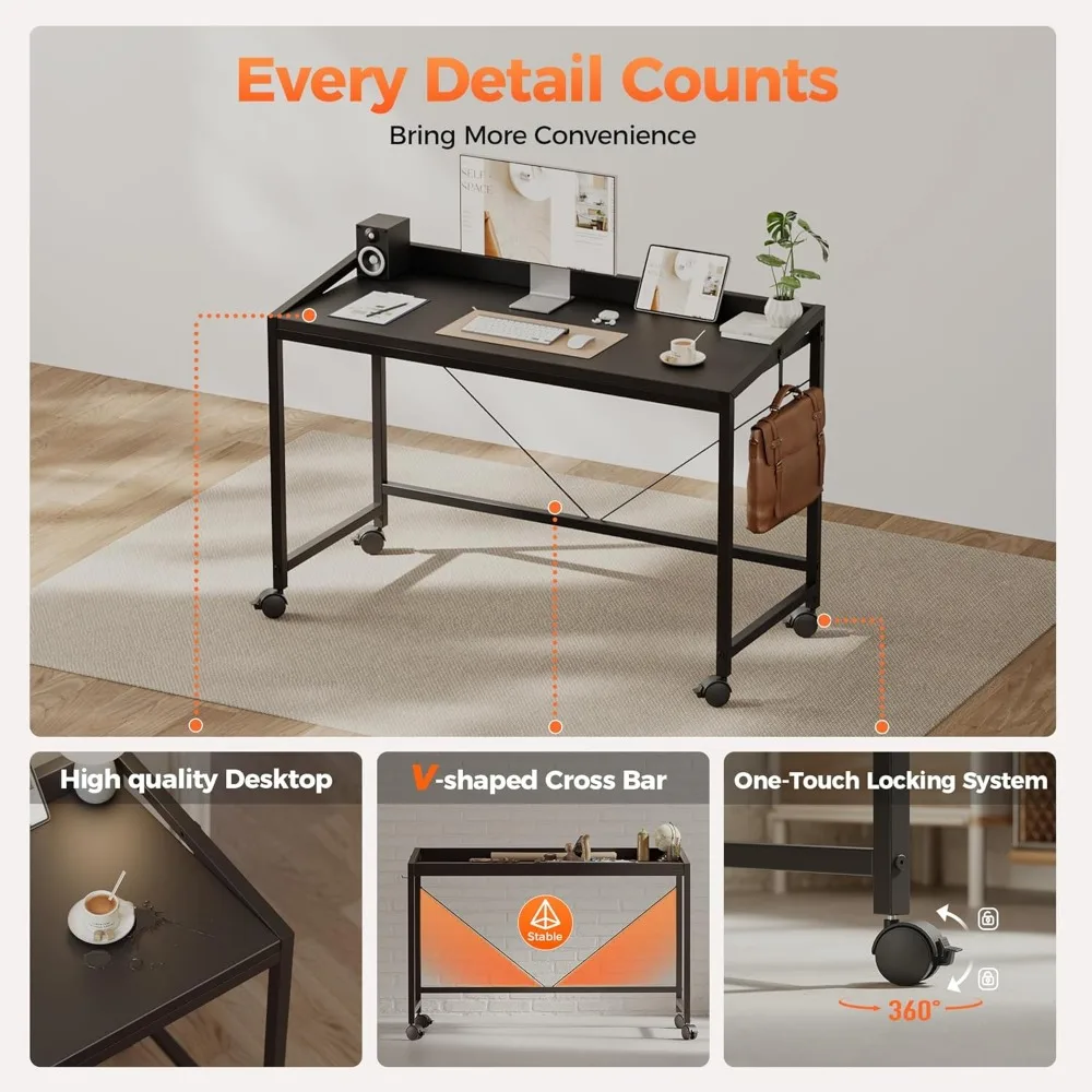 مكتب ألعاب مدمج مع عجلات، طاولة مكتب منزلية على الطراز الحديث للمساحات الصغيرة، مثالية للدراسة والكتابة