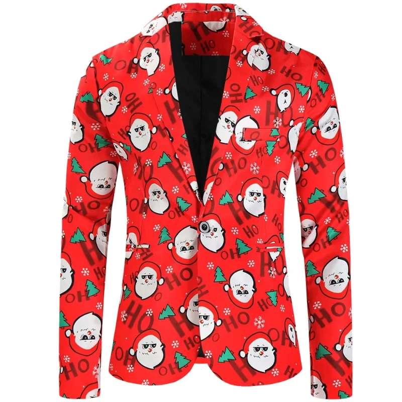 2024 New Red Christmas Blazers for Men Funny Cartoon Santa Claus One Button Mens Suit Coats Casual Xmas Dress Up Men's Clothing