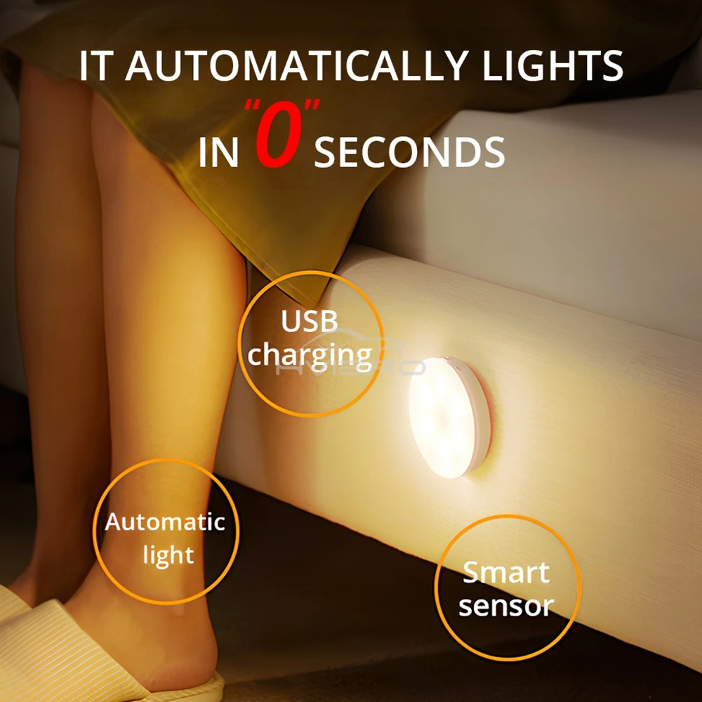 لاسلكي مستدير ضوء الليل محس حركة USB شحن وحدة إضاءة LED جداريّة مصباح لغرفة النوم الديكور الدرج خزانة خزانة الإضاءة