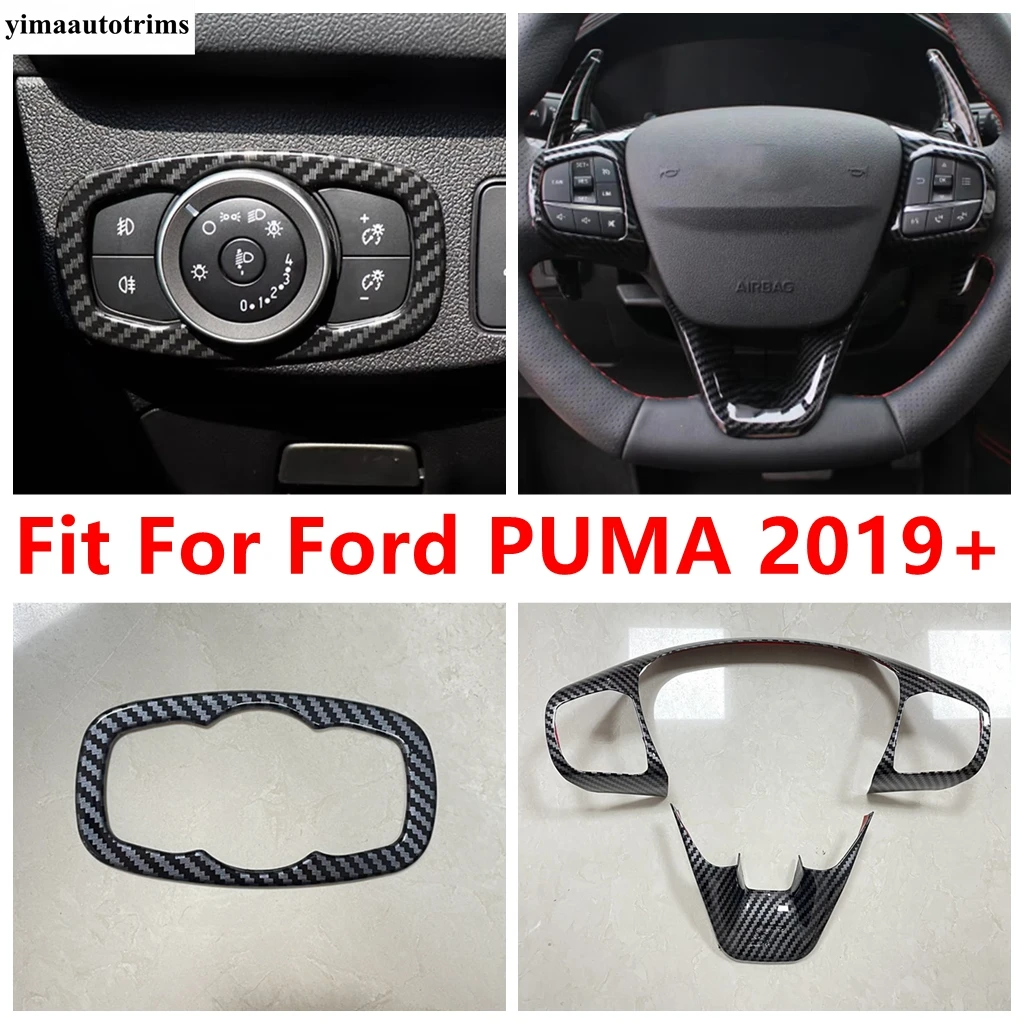 Car Steering Wheel Frame / Headlight Head Light Lamp Switch Button Cover Trim Carbon Fiber Accessories For Ford PUMA 2019 - 2024