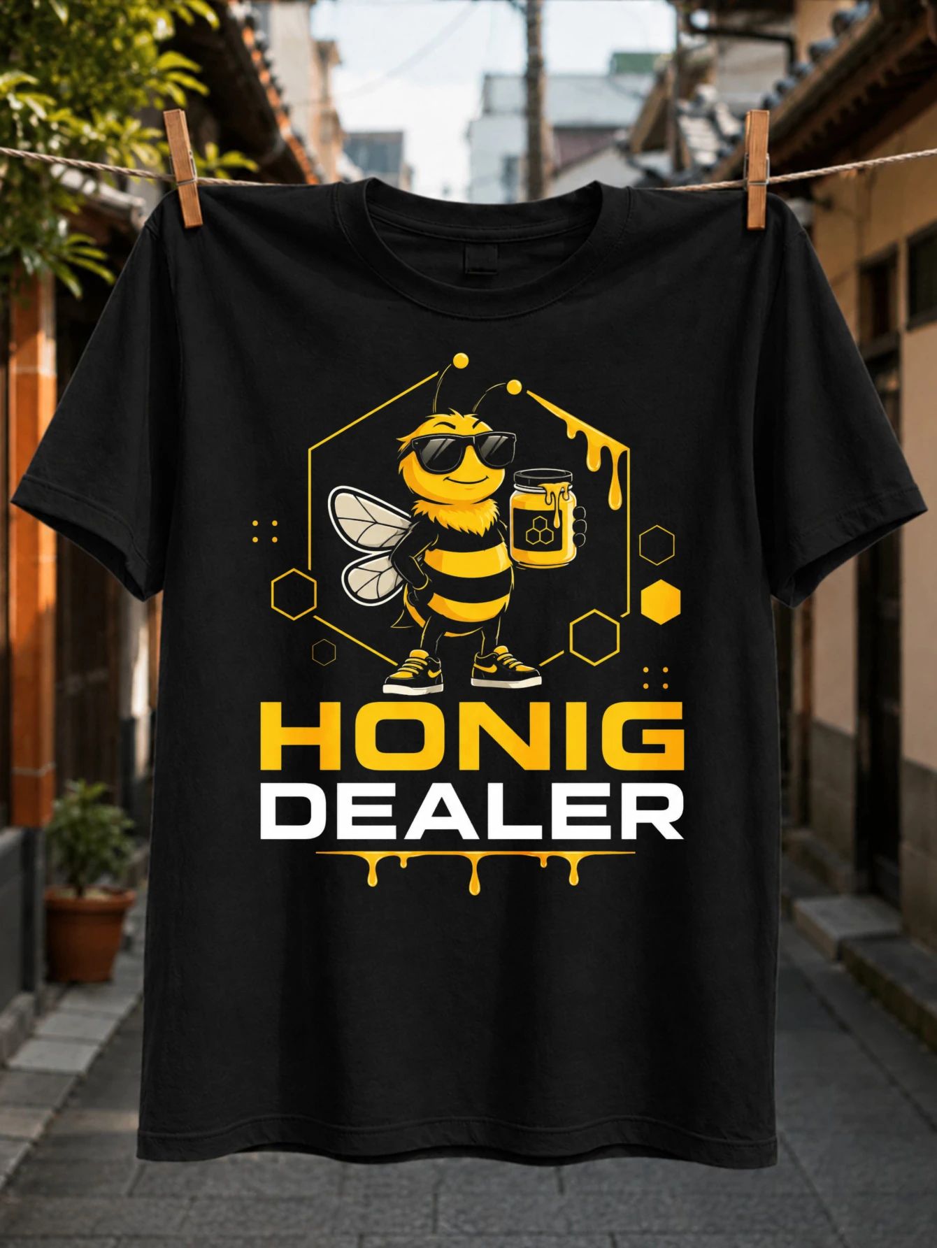 Honig Dealer Bee Graphic Cool Cartoon Hummel mit Honigglas und Wabenformen, Unisex-T-Shirt