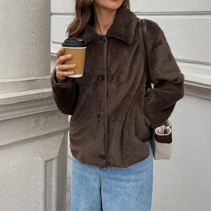 

Elegant Plush Button Long Sleeve Coat Jacket Women's Autumn and Winter Fashionable Warm Jacket