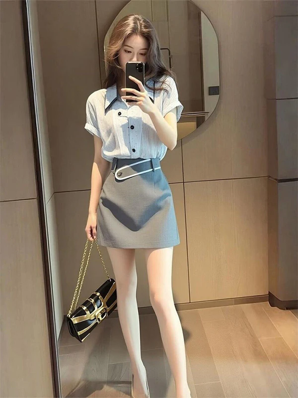 

Spring Fashion Shirt Set Elegant High Waist Long Pants Short Sleeve Flip Collar Loose Fit Summer Workwear for Women 25-35