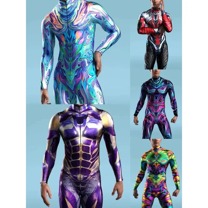 

Halloween Steampunk 3D Printing Jumpsuit Elastic Body Tights Bodysuit Cosplay Costume CyberPunk Catsuit Man Rompers Zentai Suit