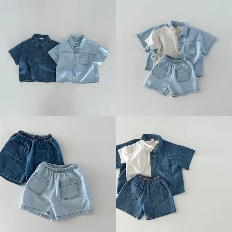

Korean Children Clothing Set 2024 Summer New Boy's Denim Suit Short-sleeved Shirt +Shorts Casual Girl's Two Piece Suit