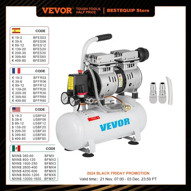 VEVOR Compresseur d'Air Sans Huile Silencieux 9 L Moteur Cuivre Pur 550 W Pompe Outil Atelier