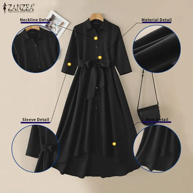 ZANZEA Frauen Kleider Trend 2026 Frühling Revers Hals 3/4 Hülse Hemd Kleid Büro Sommerkleid Herbst Unregelmäßigen Saum Arbeit Roben Vestido