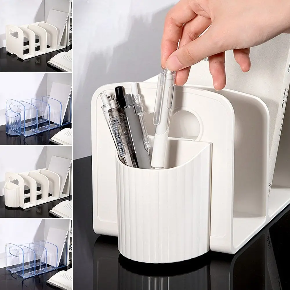 

Acrylic Bookends Large Capacity Transparent Desktop Book Holder 4 Compartments with Pen Holder Divided Book Stand