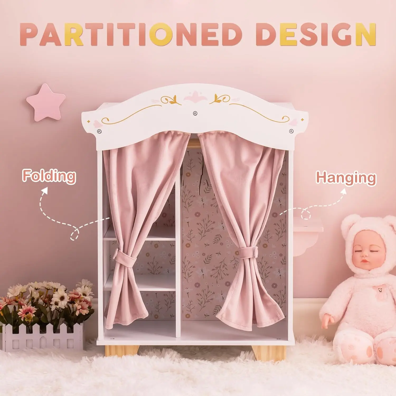 خزانة ملابس على شكل دمية خشبية وردية لفتاة أمريكية مقاس 16-18 بوصة، هدية للأطفال #6