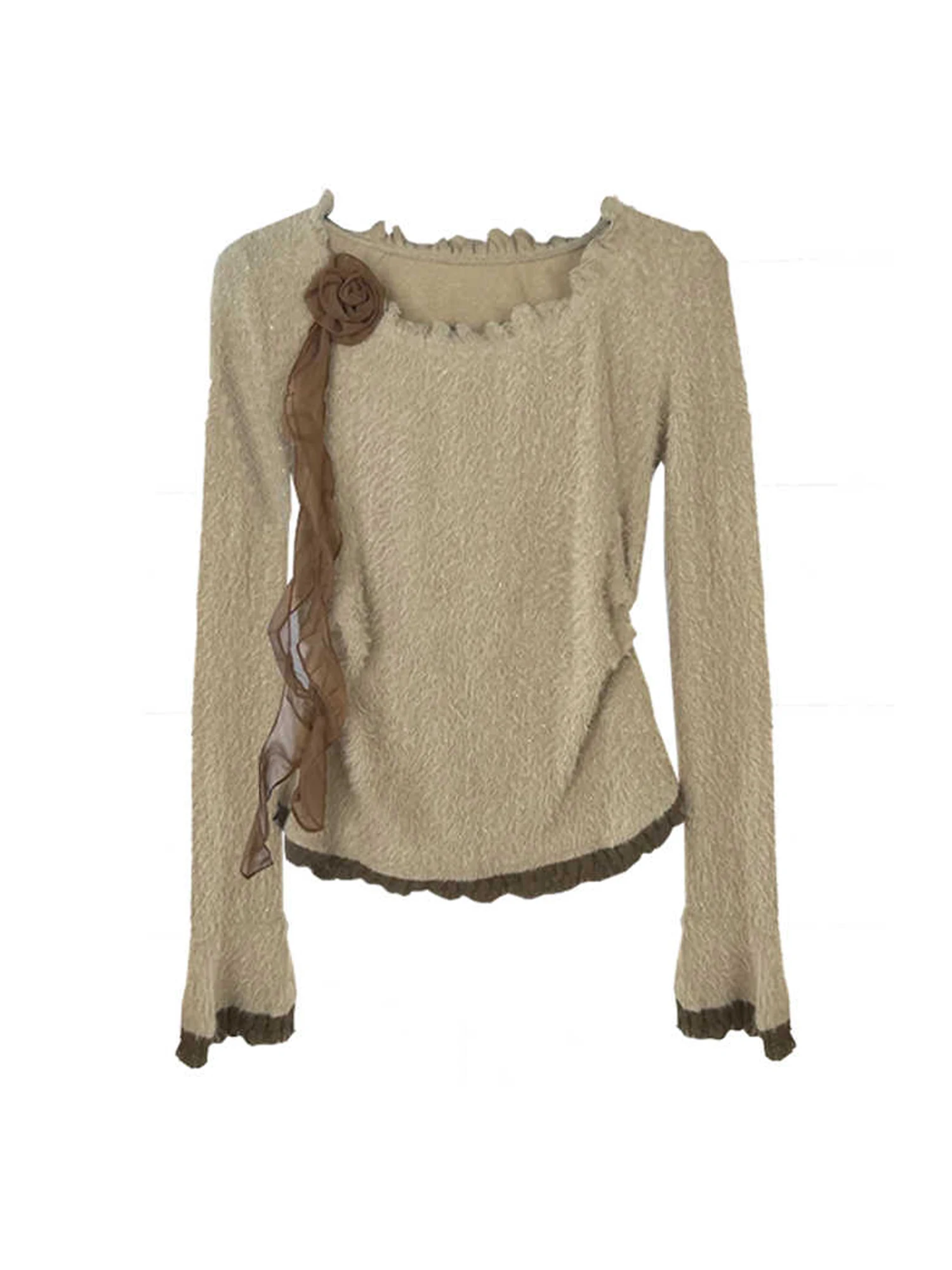 Women's Khaki Y2k T-shirt O-Neck Gyaru Tee Top Vintage 90s Aesthetic 3D Floral Long Sleeve T-shirts 2000s Fashion Clothes 2025