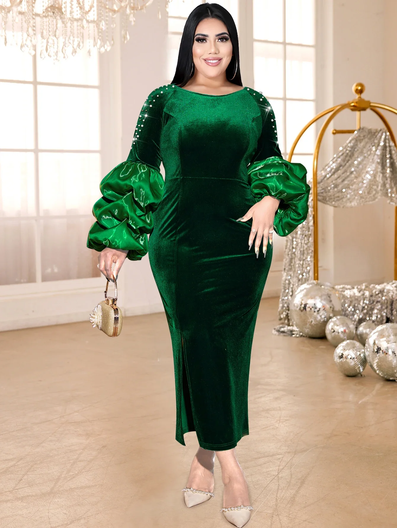 Women Plus Size Green Velvet Evening Party Dress O Neck Beading Long Lantern Sleeve Bodycon Christmas Event Autumn Winter Gowns