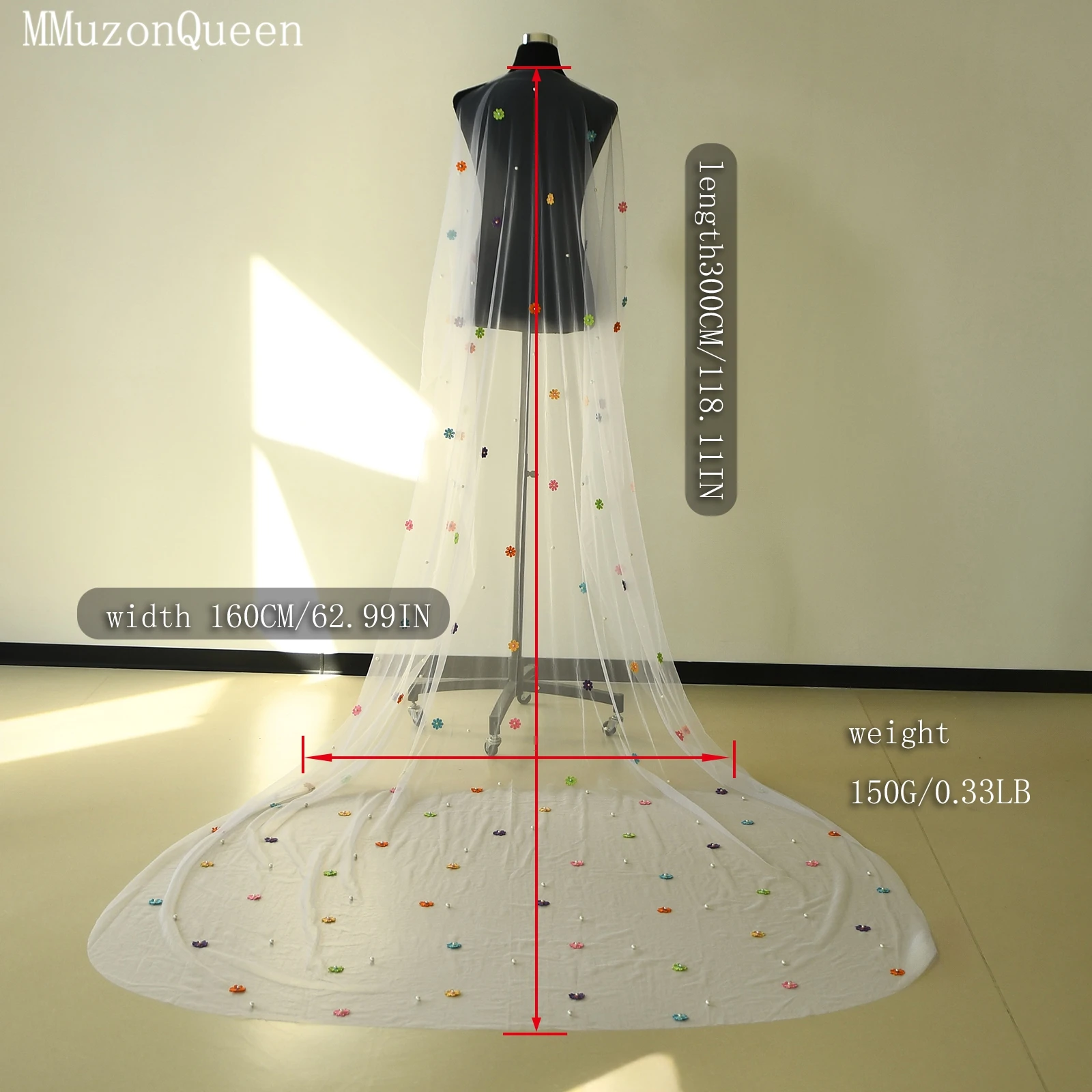 Mmq-カラフルな花のブライダルベール、大聖堂の長さ、覆われた顔、エレガント、花嫁、教会、結婚式のアクセサリー、新しい、m143
