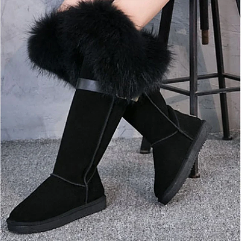 G&Zaco Winter Natural Black Fox Fur Snow Boots Cow Genuine Leather Knee High Boots Long Waterproof Raccoon Women Boots