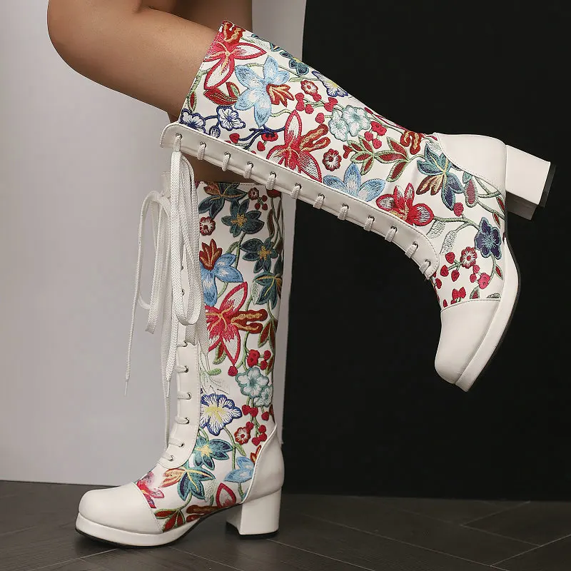 

Flower Print Ankle Short Botines Mid-calf Riding Western Cowboy Boots Lace-up Square Chunky High Heels Winter Warm Women Shoes