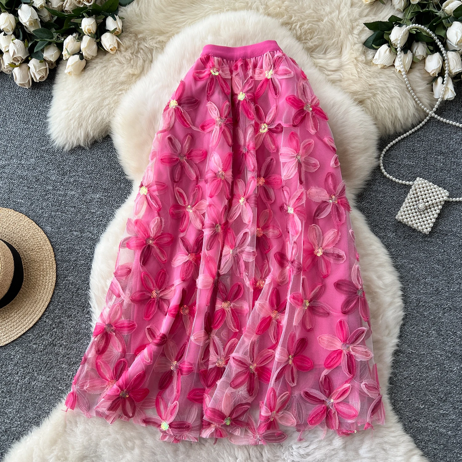 

Элегантный стиль, сетчатые юбки, женская летняя длинная юбка трапециевидной формы с эластичной талией и цветочным принтом