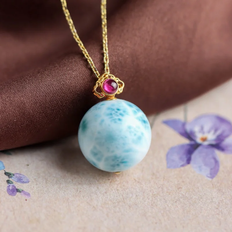 

18K Gold Inlaid Sea Pattern Stone Round Bead Pendant Necklace Women