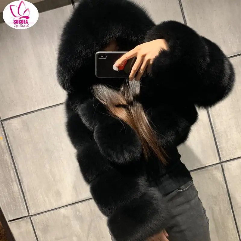 Women Soft Hooded Fur Coat Winter Faux Fox Fur Coats Furry Luxury Womens Fake Fur Jacket High Quality Female Jacket Thick Coat